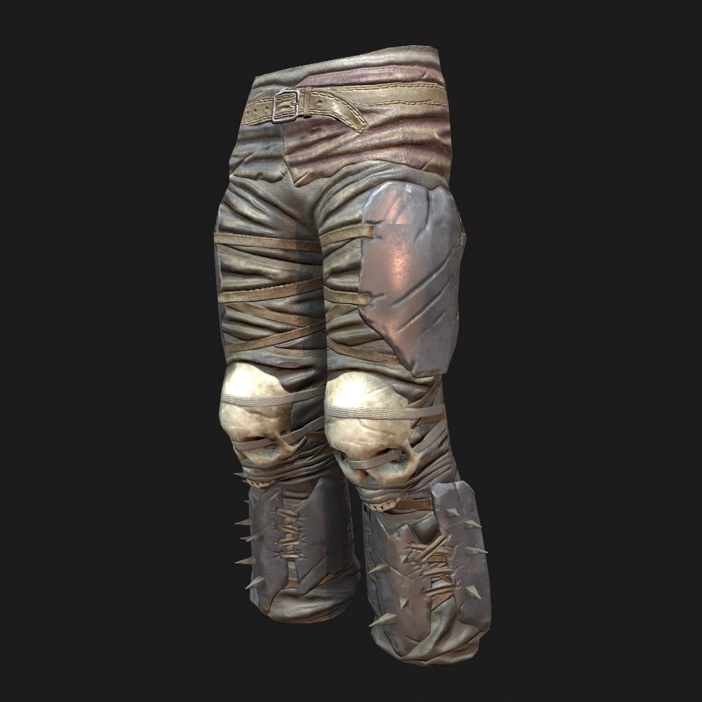 Self-made pants from skulls and debris